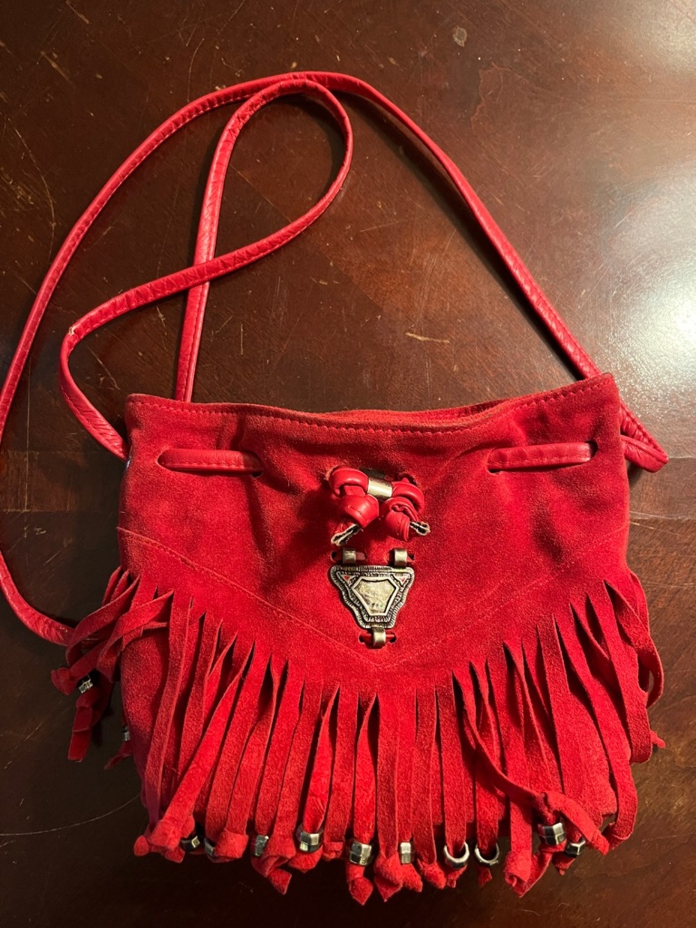 L J Simone Red Suede Fringe Crossbody Bag 6x7 inches. Leather interior.